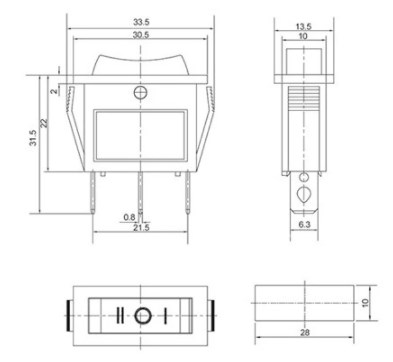 Схема габаритных размеров переключателя KCD3-103 B/B