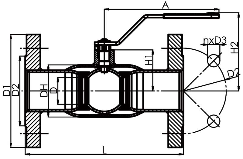 Габаритная схема крана шарового стального фланцевого BROEN Ballomax стандартнопроходного (DN 15-50)